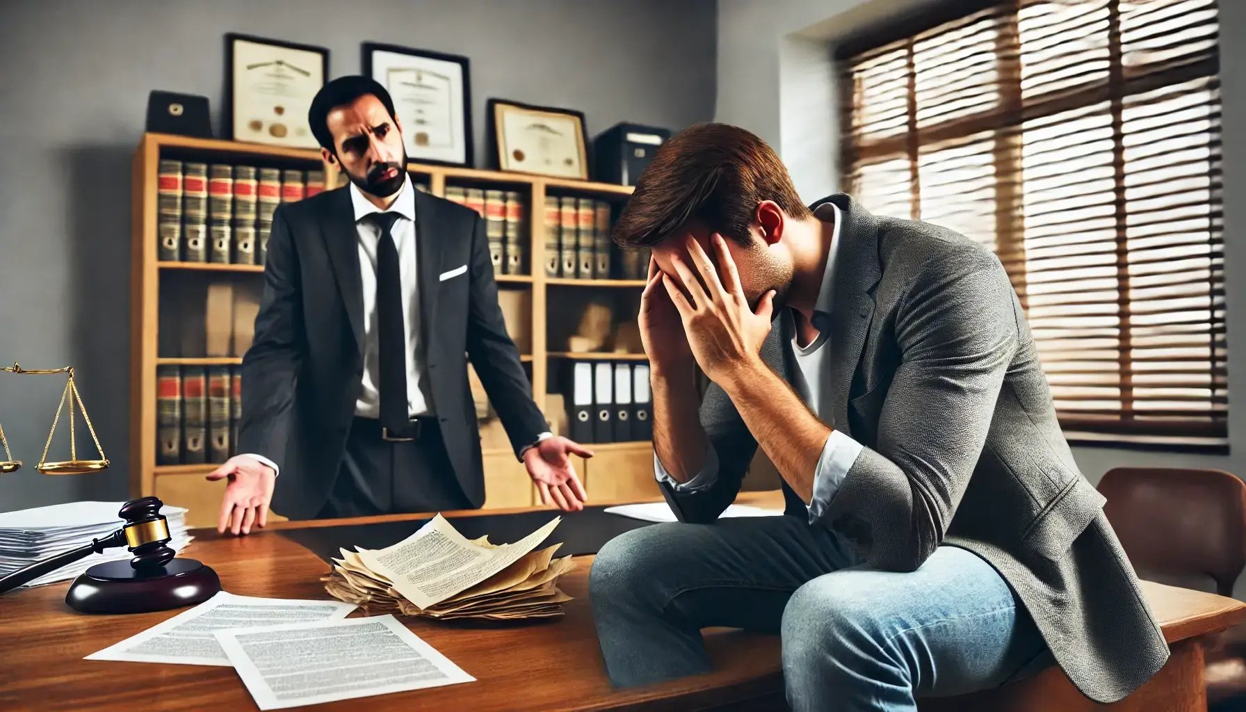 DALL·E 2024-08-06 20.51.10 - A man in an office setting, looking frustrated and upset while sitting across from a lawyer. The lawyer appears empathetic but unable to provide a sol